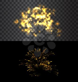 Set of isolated golden fireworks on black and transparent backdrop - vector