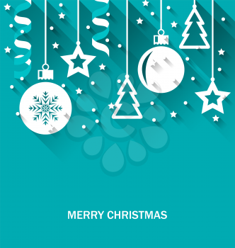 Illustration Christmas Card with Fir, Balls, Stars, Streamer, Trendy Flat Style with Long Shadows - Vector