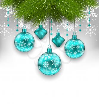 Illustration Elegant Xmas Background with Glass Hanging Balls and Fir Twigs - Vector
