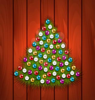 Illustration Christmas Tree Decorated Colorful Balls on Brown Wooden Background - Vector