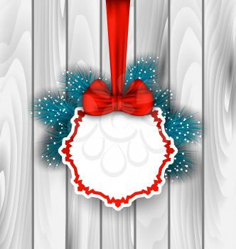 Illustration Winter Elegant Card with Red Bow Ribbon and Blue Pine Branches, on Wooden Background - Vector