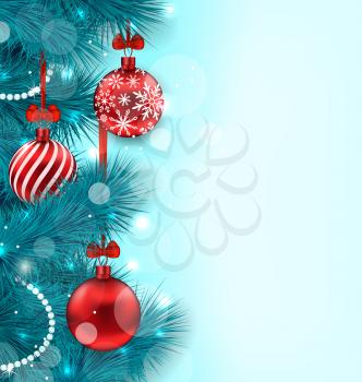 Illustration Christmas Lighten Background with Blue Fir Twigs and Red Glass Balls, Copy Space for Your Text - Vector