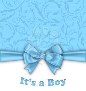 Illustration Boy Baby Shower Invitation Card with Blue Bow Ribbon - Vector
