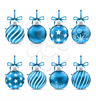 Illustration Set Christmas Blue Shiny Balls with Bow Ribbons and Different Textures, Isolated on White Background - Vector
