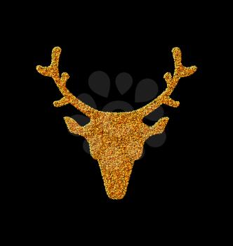 Symbol Xmas Deer head made from golden particles isolated on black - vector
