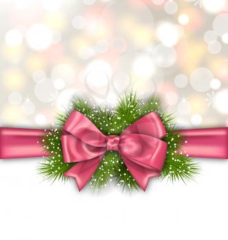 Illustration Winter Elegant Background with Pink Bow Ribbon and Green Pine Branches - Vector