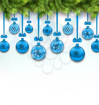 Illustration Shimmering Light Wallpaper with Fir Branches and Blue Glassy Balls for Happy Winter Holidays - Vector