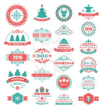 Illustration Merry Christmas and Happy Holidays Wishes. Set Typographic Elements, Vintage Labels, Frames, Ornaments - Vector