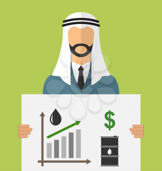 Illustration Arabic Businessman Holding Banner with Graphic of Oil Prices Up, Black Barrels, Dollars and Growth Chart - Vector