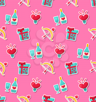 Illustration Seamless Pattern with Traditional Objects and Elements for Valentines Day. Bright Wallpaper - Vector