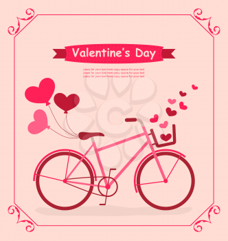 Bicycle with balloons and basket full hearts Romantic Birthday card pink colors - vector