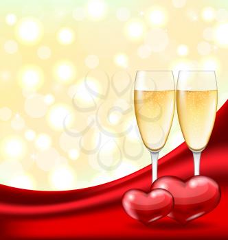 Illustration Abstract Background with Wineglasses of Champagne and Couple Hearts for Happy Valentines Day - Vector