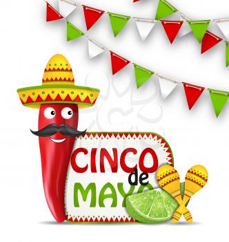 Illustration Holiday Celebration Background for Cinco De Mayo with Cartoon Character of Chili Pepper, Sombrero Hat, Maracas, Piece of Lime, Bunting Decoration with Traditional Mexican Colors - Vector