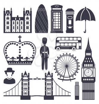 Illustration Silhouette Symbols of Great Britain Kingdom, Big Ben, Tower Bridge, Queen, Queen's Guard, Crown, Wheel, Bus, Telephone Box, Post Box, Umbrella, Isolated on White Background - Vector