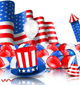 Illustration American Background with Balloons, Party Hats, Firework Rocket, Flag and Confetti - Vector