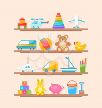 Illustration Set of Colorful Children Toys on Shelf. Cartoon Baby Joys - Vector