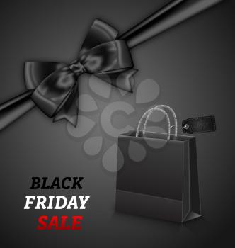 Illustration Shopping Paper Bag for Black Friday Sales and Bow on Black Background - Vector