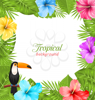 Illustration Tropical Background with Toucan Bird, Colorful Hibiscus Flowers Blossom and Green Leaves - Vector