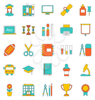 Illustration Set Flat Line Icons of School Equipment and Tools. Modern Trend Design. Objects Isolated on White Background - Vector