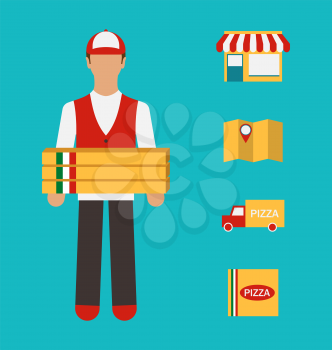 Illustration Banner with Pizza Delivery, Perfect Service. Flat Simple Colorful Icons - Vector