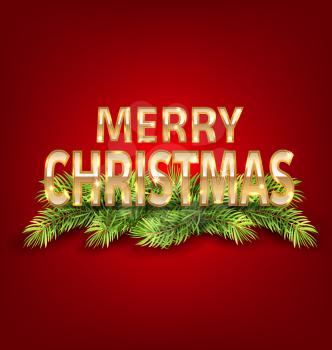 Illustration Merry Christmas Background with Golden Text and Fir Branch - Vector