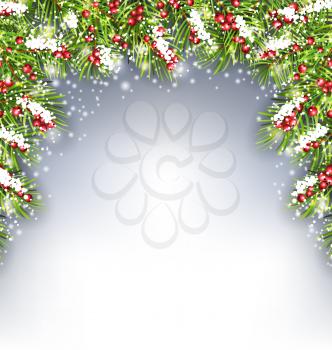 Illustration Holiday Decoration with Fir Branches and Holly Berries, Copy Space for Your Text - Vector