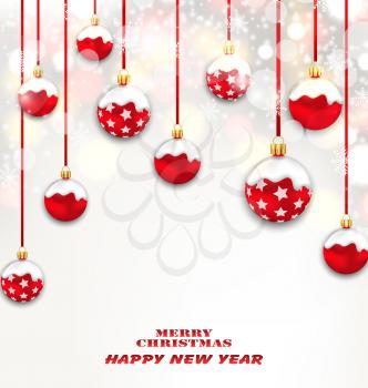 Illustration Christmas Red Glassy Balls on Shimmering Light Background, Happy New Year Banner - Vector