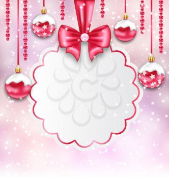 Illustration Christmas Silver Glassy Balls with Clean Card with Bow Ribbon, Magic Light Background - Vector