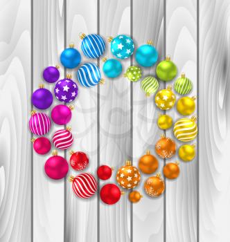Illustration Set Colorful Christmas Glass Balls on Wooden Background - Vector