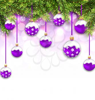 Illustration Shimmering Snowing Background with Fir Branches and Purple Christmas Balls - Vector