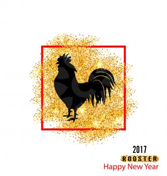 Illustration Magic Banner with Rooster as Symbol Chinese New Year 2017, Black Silhouette of Cock, Glitter Golden Dust - Vector