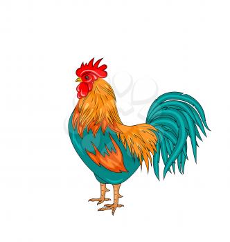 Illustration Rooster Isolated on White Background, Colorful Cartoon Cock, Hand Drawn Style - Vector