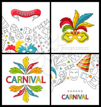 Illustration Set Celebration Festive Banners for Happy Carnival with Party Colorful Icons and Objects - Vector
