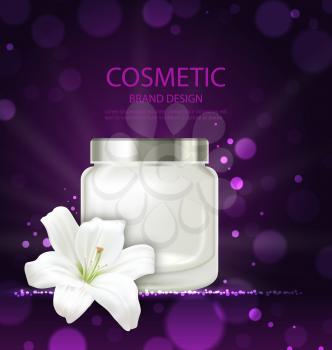 Illustration Poster of Refreshing Cosmetic Product with Flower Lily, Blank Bottle Package with Cream. Template of Design Leaflet, Flyer, Card - Vector