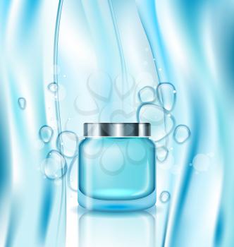 Illustration Cosmetic ad, Cream in Turquoise Tube, Watery Background with Drops - Vector