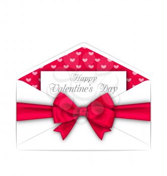 Illustration Envelope with Celebration Card and Pink Bow Ribbon for Valentines Day. White Letter Isolated on White Background - Vector