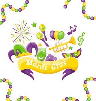 Illustration Celebration Banner with Set Carnival Icons and Objects for Mardi Gras, Fat Tuesday - Vector