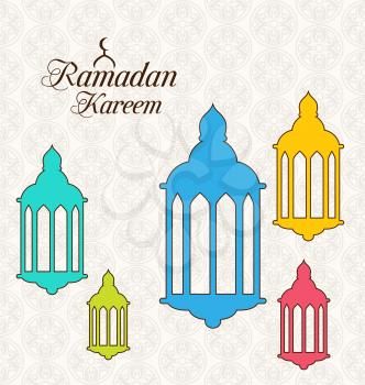 Illustration Arabic Card for Ramadan Kareem with Colorful Lamps (Fanoos) - Vector