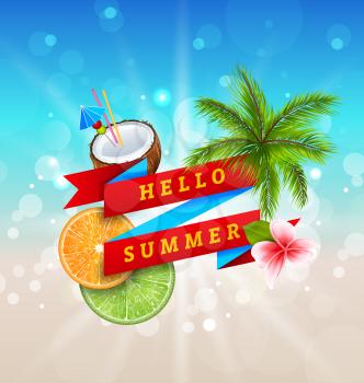 Summer Festival Poster Design with Coconut, Cocktail, Palm Tree Leaves, Slices of Orange and Lime. Banner Hello Summer - Illustration Vector