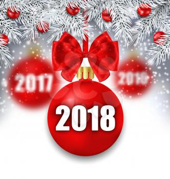 New Year Glowing Background with Christmas Balls and Silver Twigs - Illustration Vector