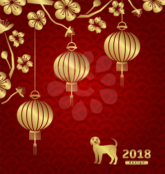 Happy Oriental Card for Chinese New Year 2018, Lanterns, Sakura Blossom Flowers and Golden Dog - Illustration Vector