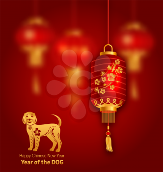 Earth Dog as Symbol of Year 2018, Chinese Background with Red Lanterns - Illustration Vector