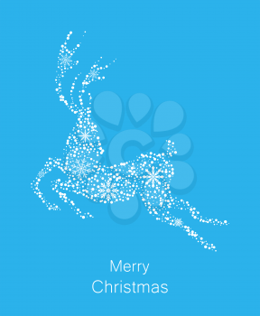 Christmas Deer Made of Snowflakes, Celebration Holiday Card, Running Stag - Illustration Vector