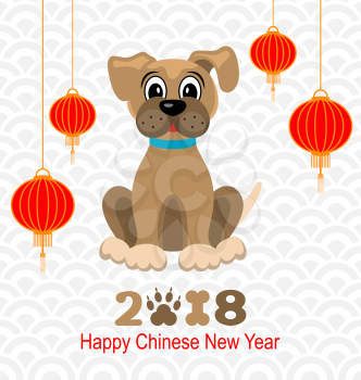 2018 Happy Chinese New Year of Dog, Lanterns and Doggy, Celebration Eastern Card - Illustration Vector