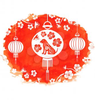Watercolor Frame with Lanterns and Earthen Dog, Zodiac Symbol of  Year, Blossom Sakura Flowers - Illustration Vector