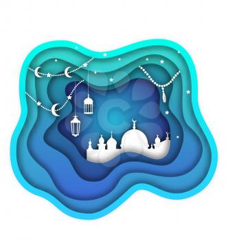 Ramadan Kareem Background, Mosque, Lamps, Moon, Stars. Islamic Design, Cut Paper Template - Illustration Vector