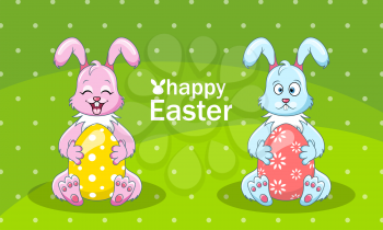 Cartoon Rabbits Couple with Eggs for Happy Easter - Illustration Vector