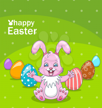 Smiling Rabbit Cartoon Girl with Eggs, Beautiful Bunny, Easter Background - Illustration Vector