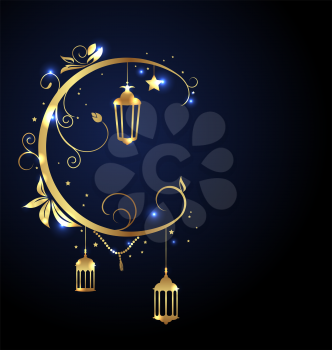 Ornamental Islamic Design for Ramadan Kareem, Moon, Stars, Traditional Lanterns - Illustration Vector