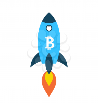 Bitcoin Rocket Ship Launching Into Space, Cryptocurrency, BTC, Virtual Currency - Illustration Vector